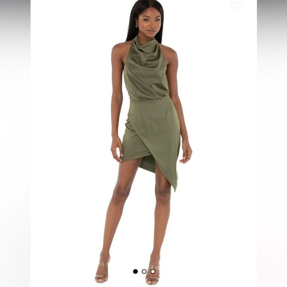 Elliatt Revolve Camo Asymmetric Satin Cocktail Dress Dark Green Size NWT - Picture 2 of 15